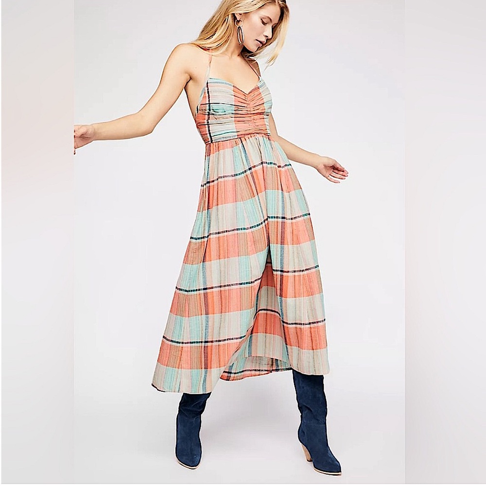 Free People Donna Plaid Halter Pockets Midi Dress Medium Orange Blue Boho